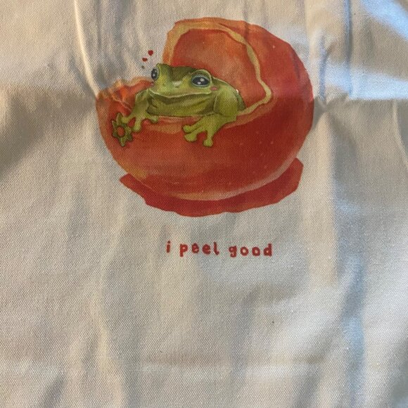 I Peel Good Pun Canvas Beach Grocery Tote Bag Frog inside Orange NWOT Cotton - Picture 3 of 5